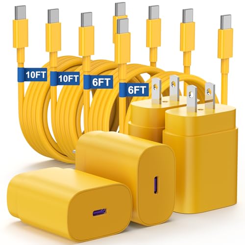 Essri Type C Charger Fast Charging for Samsung Galaxy S25/S24/S23/S22/Note 20,4Pack 25W Super USB C Fast Charger Block with (6ft+10ft) x2 Cables for iPhone 15/16 Pro Max/Plus, Android Phones-Yellow - color: Yellow, size: 4Pack 6Feet+10Feet