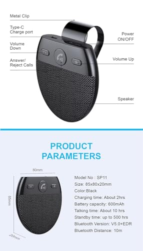 Hands Free Car Speakerphone Kit Bluetooth 5.0 Wireless Vehicle BT Handsfree Hands-Free Microphone Sun Visor Music Player with Mic