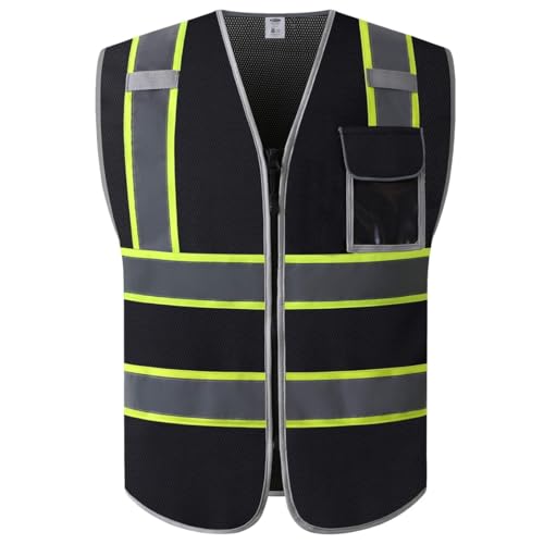 JKSafety Hi-Vis Multiple Pockets Lite MESH Lining Meets ANSI/ISEA Standards - color: Black Yellow Strips, size: X-Large