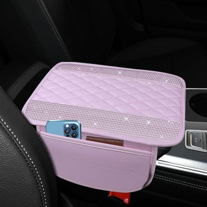 Bling Leather Car Center Console Cover, 12.2"×7.48" Crystal Rhinestone Automotive Arm Rest Cover with Side Pockets, Universal Vehicle Armrest Protector, Interior Car Accessories (Pink Leather) - color: Pink Leather