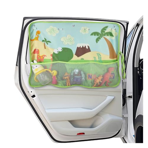 Car Window Shade for Baby, Blackout Car Window Curtain with Storage Pockets & 7 Suction Cups, Cartoon Pattern Cars Side Window Sun Shade Cover for Sun/Heat/UV Rays Protection (Green-Dinosaurs) - color: Green-Dinosaurs