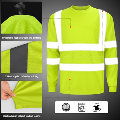 High Visibility Class 3 Shirts，Hi Vis Safety Long Sleeve Quick Dry Mesh Construction Work - color: Lime04, size: XX-Large