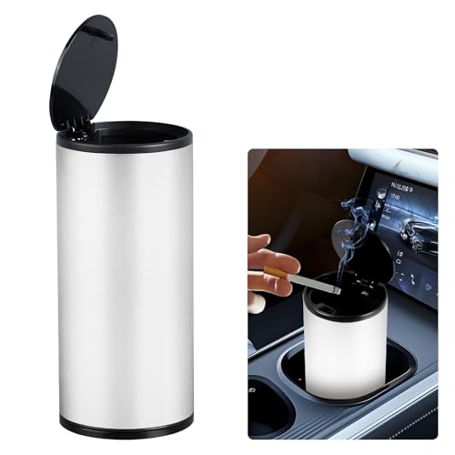 Hovom Mini Car Trash Can with Lid, Portable Garbage Can for Cars, Aluminum Alloy Automotive Garbage Bin for Cup Holder, Universal Small Leakproof Trash Storage Bin Car Accessories (Silver) - color: Silver