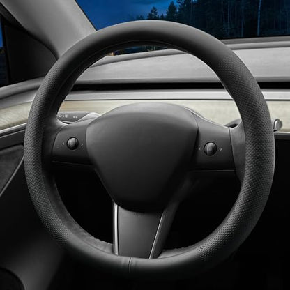 LKWLIKEI Nappa Leather Ultra-Thin Steering Wheel Cover, for Tesla Model 3/Y Steering Wheel Cover, Non-Slip Design and Interior Modification of car Accessories (Black) - color: Black2