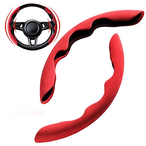 New Fluffy Anti-Skid Steering Wheel Cover Segmented Protector Safe and Non Slip Car Accessory and Durable Easy to Install for Steering Wheels of Universal Fit 99% Car (Suede Material Red) - color: Suede material Red