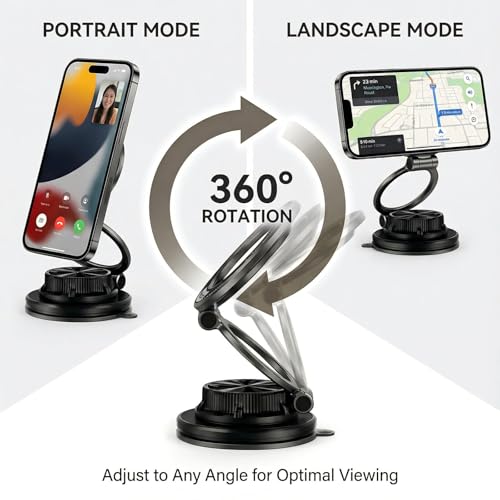 Magnetic Car Phone Mount, 0.83" Ultra-Slim Foldable Holder, [Vacuum Suction & Adhesive Pad] for Textured Dashboard/Windshield, 3-Joint Metal MagSafe Mount for iPhone 17 Pro Max/Pixel (Black) - color: Black
