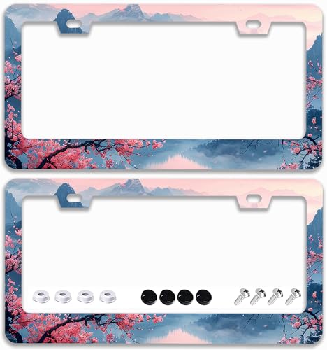 2 Pcs Mountains Cherry Blossom License Plate Frames - 2 Holes Stainless Steel Metal Auto Car Accessories Decoration License Plate Frame Cover Size 6.3" x 12.2" Fit US Vehicles for Women Men Gift - color: Mountains Cherry Blossom