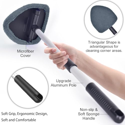 desin Windshield Cleaning Tool, Car Window Cleaner Windshield Cleaner with 4 Reusable and Washable Microfiber Pads and Extendable Handle Auto Inside Glass Wiper - color: Gray