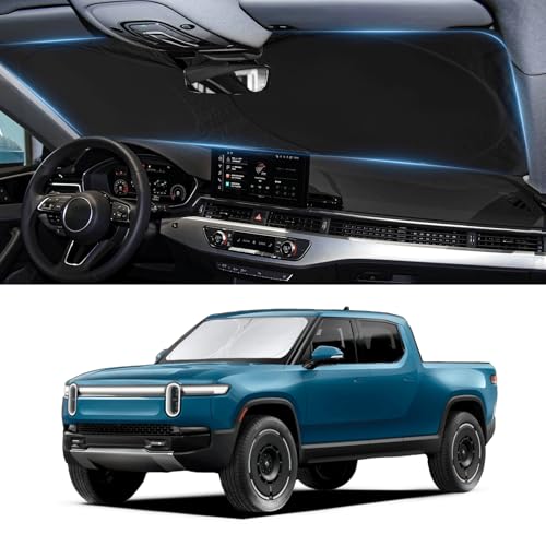 Custom Fit Rivian R1T Windshield Sunshade for 2022-2023 2024 2025 Rivian R1S/R1T Accessories Front Window Sun Shades Shield Cover for Windshield Foldable 210T Sun Visor Protector Blocks UV Ray - size: Fit Rivian R1T 2022-2025