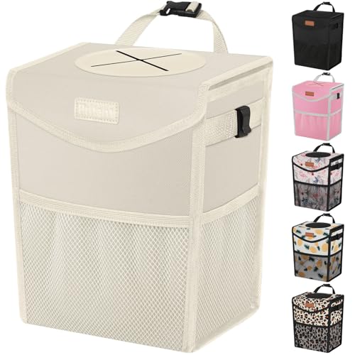 Pritent Car Trash Can with Lid, Cute Leakproof Car Trash Garbage Bag Hanging Vehicle Trash Bin Small Portable Automotive Garbage Cans Organizer for Back/Front Seat/Console(2.8 Gallons,Beige - color: Beige, size: 2.8 Gallons