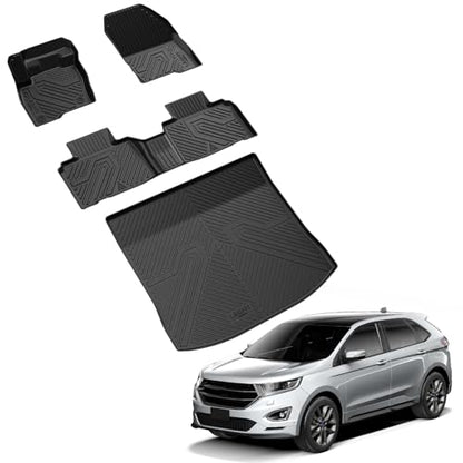LASFIT Floor Mats and Cargo Liner for Ford Edge 2015-2024 All Weather Protector TPE Car Liners Custom Fit Vehicle Accessories, 1st & 2nd & Trunk Mat Combo Set, 4pcs Black - style: 10) Edge| 15-24 | Combo Set