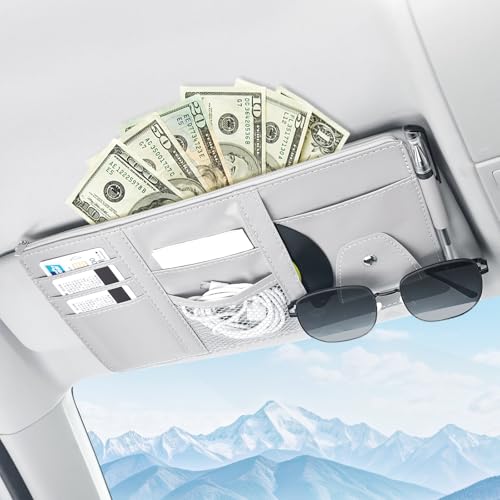 Amiss Car Sun Visor Organizer with Double Zippers, Multi-Pockets for Glasses, Pens, Cards & Documents, Universal Storage Pouch Fits Most Cars, SUVs and Trucks, Car Interior Accessories (Gray) - color: Gray