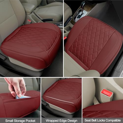 BEITK 1 Pack Leather Front Car Seat Cover Bottom Car Seat, Anti-Slip and Full Wrap Driver Car Seat Protectors, Luxury Waterproof Bottom Auto Seat Cushion Pad Mat for Most Vehicles(Red) - color: red-1pcs