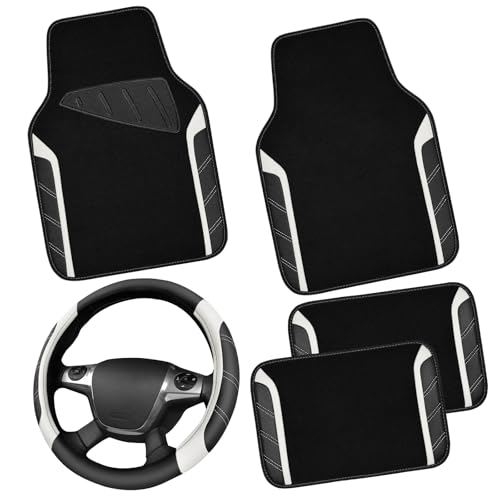 CAR PASS Leather Steering Wheel Cover and Waterproof Car Floor Mats, Microfiber Universal Car Combo Fit for 95% Sedan SUV Van,14.5-15 inch Sporty Anti-Slip Safety Comfortable Design, Black＆White - color: Black&White