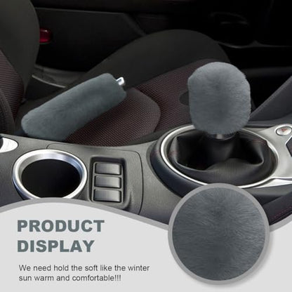 5PCS Fluffy Car Steering Wheel Cover Set, Includes Faux Fur Gear Shift Cover & Handbrake Cover & Steering Wheel Protector & 2 Seat Belt Shoulder Pads, Winter Fuzzy Warm Car Accessories (Grey) - color: Grey
