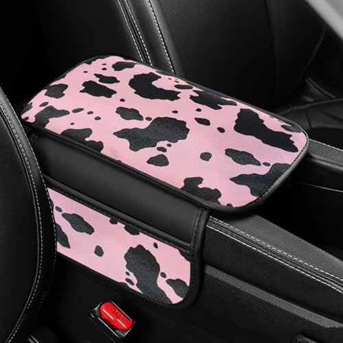 Cow Print Car Center Console Cover PVC Leather Armrest Cushion with 2 Storage Bags Universal Car Armrest Seat Box Pad Car Interior Accessories Protector for Women Men (Pink Black) - color: Pink Black