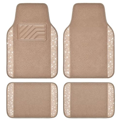 CAR PASS Bling Car Mats Shining Diamond Carpet Crystal Rhinestones Sparkly Glitter Floor Mats with Anti-Slip PVC Heel Pad Universal Fit for Automotive SUV, Sedan, Car, Van, 4pcs for Girl Women, Beige - color: Beige