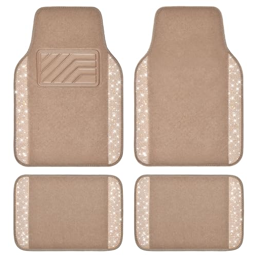 CAR PASS Bling Car Mats Shining Diamond Carpet Crystal Rhinestones Sparkly Glitter Floor Mats with Anti-Slip PVC Heel Pad Universal Fit for Automotive SUV, Sedan, Car, Van, 4pcs for Girl Women, Beige - color: Beige