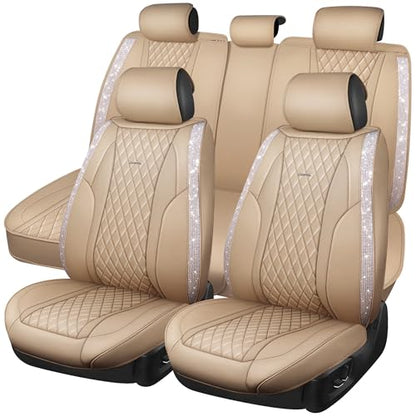 CAR PASS Beige Leather Bling Car Seat Covers Full Set, Luxury Microfiber Nappa PU Cushioned, Waterproof Anti-Slip Universal Fit for Auto SUV Sedan Sparkly Glitter Shining Rhinestone, Beige Diamond - color: Beige Diamond, size: Full Set