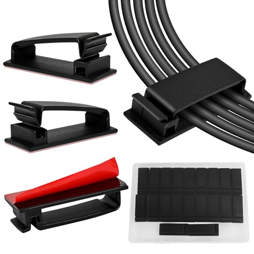 Self Adhesive Cable Management Clips, Line Clips, Cable Organizers, TV PC Line Clips, Ethernet Cable Clips Under Desks - Durable PA66 Material, Easy to Install (Black 20Pcs )