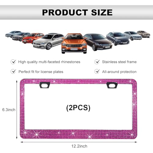 DXNQ 2PCS Bling License Plate Frame, Sparkly Rhinestone Diamond License Plate Cover with Crystal Screws Caps, Glitter Crystal Stainless Steel License Plate Holder for Women (Pink) - color: Pink, 2PCS