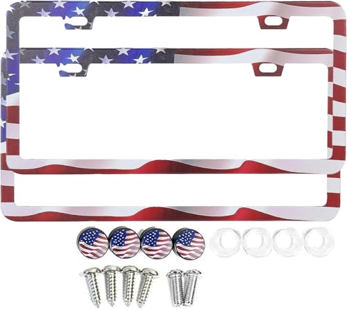 American Flag License Plate Frame - 2 Pack Stainless Steel License Plate Frames with Screw Caps (Classic) - style: Classic