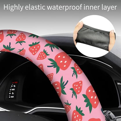 Steering Wheel Covers for Car, Truck, and SUV, Cute Non-Slip Breathable Elastic Steering Wheel, Car Accessories, Universal 15 Inch Leather Cover for Men Women Pink Strawberry - color: Pink Strawberry