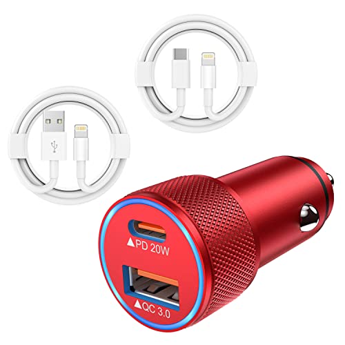 iPhone 14 Car Charger,【Apple MFi Certified】2Port 38W Fast USB C Car Charger Adapter Quick Charge Dual Port Metal Cigarette Lighter with 2Pack Lightning Cable for iPhone 14 13Pro Max Mini/12/11,AirPods - color: Red, size: USB A & USB C