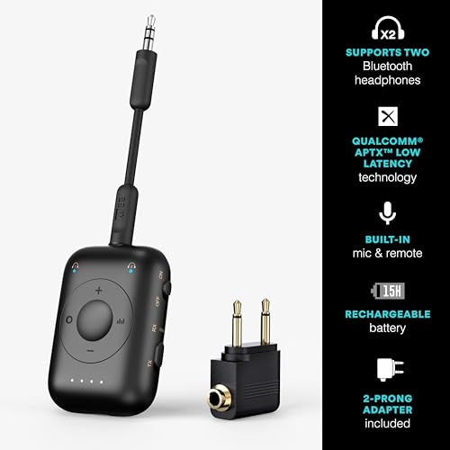 MEE audio Connect Air Pro (2 PACK) Bluetooth Wireless Audio Transmitter & Receiver for AirPods or Bluetooth Headphones, 2-in-1 Adapter with Detachable Cable for 3.5mm devices on Airplanes, Black&White - color: 2PK Black+White, style: Connect Air Pro