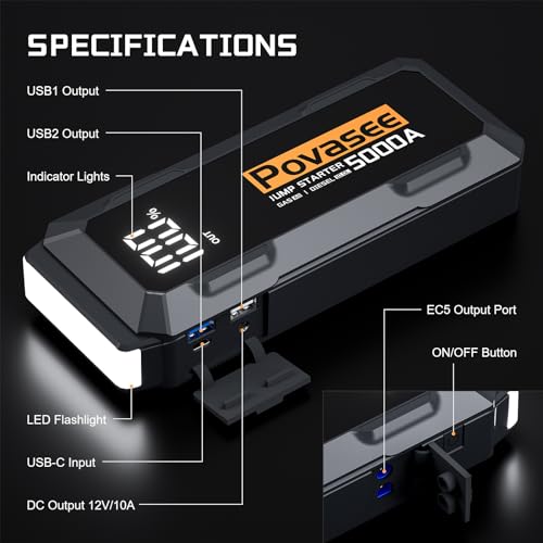 Povasee Car Battery Jump Starter 5000A Jump Box (All Gas/10L Diesel) Portable Car Jump Starter Battery Pack, 12V Jumper Starter Portable 3" LCD Display/Power Bank/Dual Output/LED Light DC - style: A40