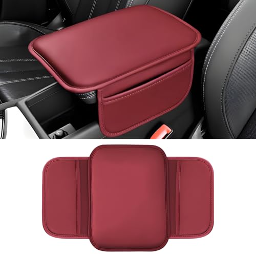 Car Center Console Cover, 11.6"×8.3" Leather Car Armrest Cushion Pad with 2 Storage Pockets, Comfortable Arm Rest Box Cover Mat for Most Vehicles, Universal Interior Accessories (Wine Red) - color: Wine Red