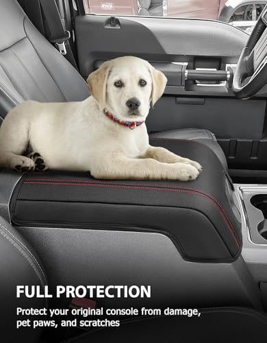 Center Console Armrest Cover for 2011-2016 Ford F250 F350 F450 Super Duty Accessories, Vinyl Leather Middle Armrest Cusion Protector, Anti-Scratch, Bucket Seat Only, Black Red Stitching - size: Bucket Seat, 11-16 F250-F450, red stitch