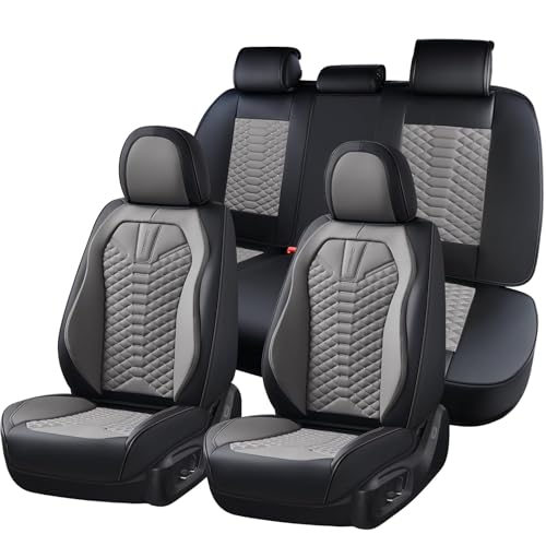 Coverado Seat Covers Full Set, Waterproof Nappa Leather Seat Covers for Cars, 5 Seats Universal Car Seat Protectors, Black and Gray Automotive Seat Covers Car Seat Cushions Fit for Most Cars - color: Patchwork-Black&Gray, size: Fullset