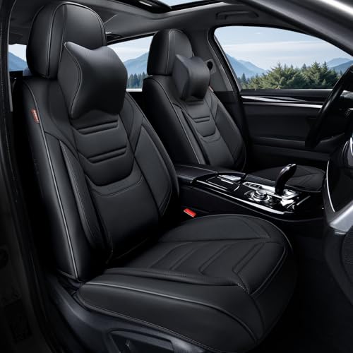 TIEHESYT Black Car Seat Covers Front Pair, Breathable Leather Automotive Front Seat Covers & Headrest for Comfortable Driving, Universal Auto Interior Fit for Most Kinds of Vehicles, SUV, Sedans - color: Elegant Black, size: Front Pair