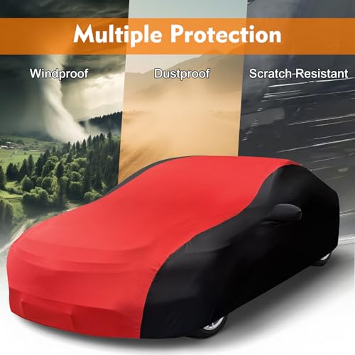 Indoor Car Cover, Stretch Satin Soft Dust Protection, Universal Fit for 173-189 Inch Sedans, Breathable Full Car Cover for Garage, Car Show, Windproof with Storage Bag, Red & Black - size: L ( FIT 180*70*47inches)