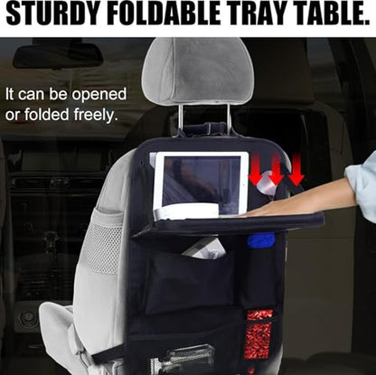 Car backseat organizer,with tablet holder, 6 storage pockets, foldable food tray, car seat back protectors kick mats, travel accessories, black (2)