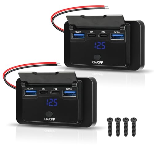 2 Pack 78W 12V USB Outlet Panel Wall Mount with Blue Voltmeter Dual 36W PD & Dual 18W QC3.0 Car USB Port Lightweight 12V USB Charger with ON/Off Switch - size: Pack of 2