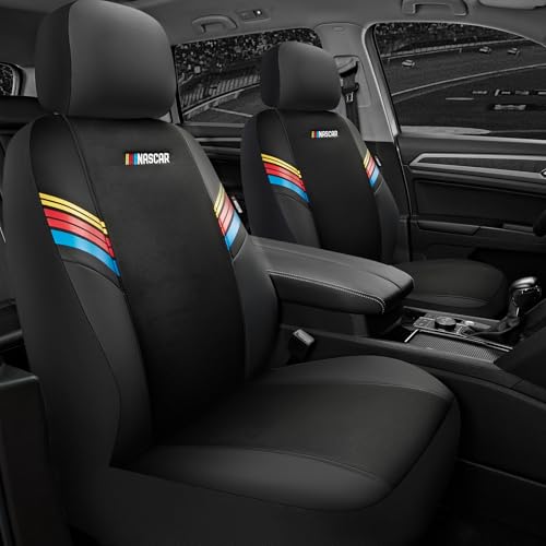 NASCAR Car Seat Covers, Black Leather and Mesh Seat Covers, Universal Fit Front Seat Covers for Cars with Airbag-Compatible Design, Durable Racing-Inspired Car Interior for Cars, Trucks & SUVs - color: Black
