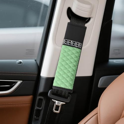 wuyaoyao 2PCS Bling Car Seat Belt Cover Pad, Breathable Leather Seatbelt Covers for Cars, Soft Comfortable Seatbelt Shoulder Strap Covers, Rhinestone Auto Seat Belt Protector Cushion (Green) - color: Green