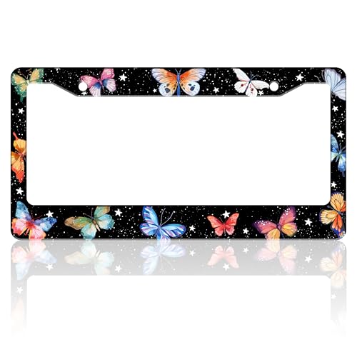 Beautiful Colorful Butterfly License Plate Frame Funny Watercolor License Plate Holder for Front or Rear Car Tags Stainless Steel Car Decoration with Screws 6.3 X 12.2 in - color: Beautiful Colorful Butterfly