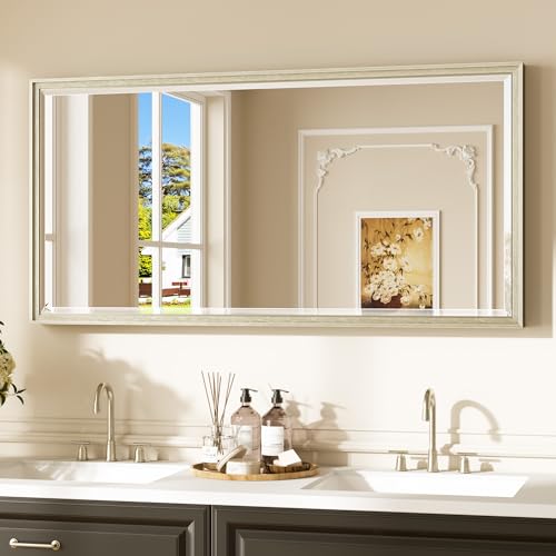 Keonjinn 48" x 24" Brushed Nickel Bathroom Mirror, Rectangle Silver Framed Mirrors with Square Corner, Aluminum Alloy Frame, Beveled Tempered Glass, Decorative Full Length Wall Mirror for Hallway - color: Brushed Nickel, size: 24"L x 48"W