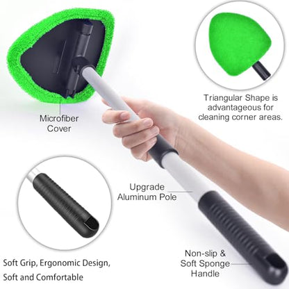 desin Windshield Cleaning Tool, Car Window Cleaner Windshield Cleaner with 4 Reusable and Washable Microfiber Pads and Extendable Handle Auto Inside Glass Wiper - color: Dark green