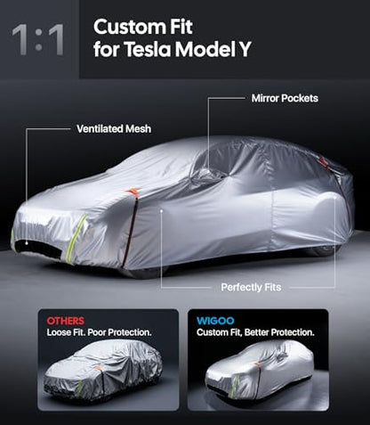 Wigoo Tesla Model Y Car Cover Accessories (2020–2026), Custom Fit All-Weather Outdoor, Waterproof UV Sun & Heat Protection, Ventilated Design, Windproof, Smooth Paint-Safe Lining, Charging Port Zipper - size: for Tesla Model Y (2020-2026)