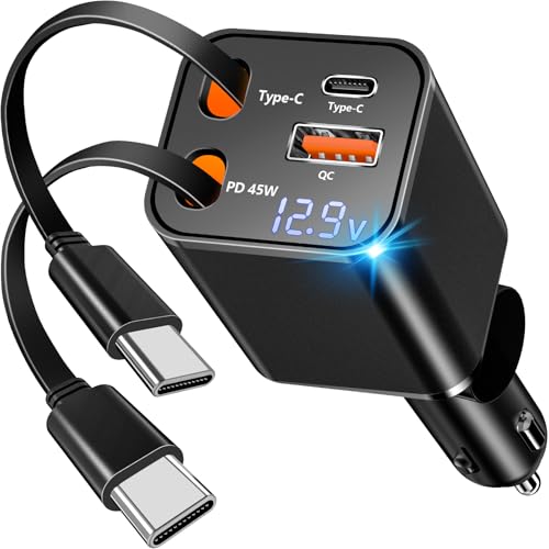 [Apple MFi Certified] Retractable Car Charger, Linocell 120W USB C Car Charger Dynamic Power Adapter 4 in 1 PD/QC Type C Fast Charging Cigarette Lighter for iPhone 17/17 Pro Max/16 Pro/15/Galaxy/Pixel - color: Titanium Matte Black