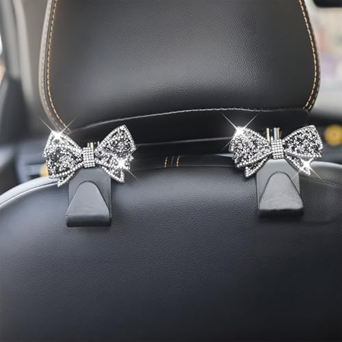 Zpana Bling Car Headreat Hook, 2PCS Crystal Rhinestone Cute Bow Vehicle Seat Back Hanger Storage for Purses Bags Grocery, Diamond Auto Rear Seat Organizer, Universal for SUV Truck Sedan (Black) - style: Black/2PCS