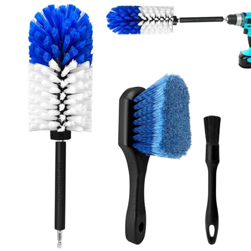 Wheel Brush Kit,Soft Drill Wheel Cleaner Brush, No Scratches Highly Dense Car Cleaning Brush Set for Wheels, Tire, Rims, Engines, Exhaust(Blue + White 3 Pk) - color: Blue + White 3 Pk