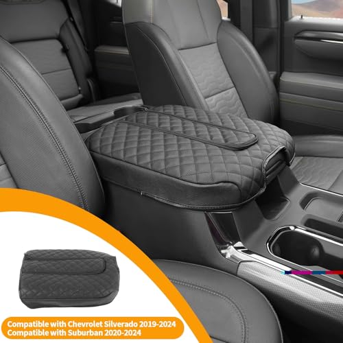 Armrest Pad Cover Car Center Console Protector Compatible with Chevrolet Silverado 2019-2024, for Suburban 2020-2024, PU Leather Console Lid Replacement, Black - color: Black B