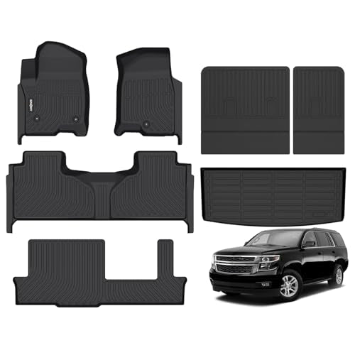 GINOWY- Floor Mats & Cargo Liner for Chevy Tahoe 2021-2025 2026 & GMC Yukon 8 Seat Bench Seat, TPE All Weather Car Mats for Chevrolet Tahoe Non-Slip Trunk Mat Waterproof Accessories Floor Liners Black - style: 5) for Chevy Tahoe 2021-2026 Full Set with ba