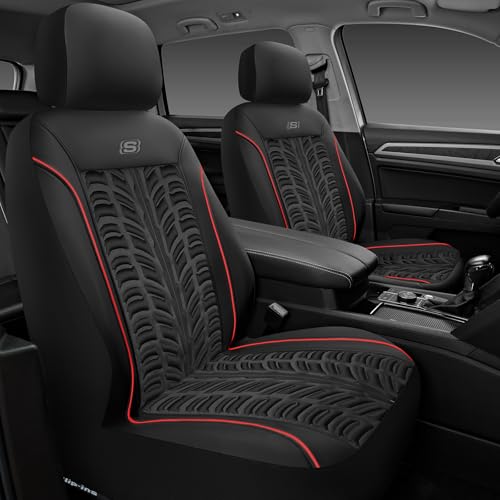 Skechers Slip-Ins Seat Covers, Memory Foam 3D Tyre Embossed Leather Car Seat Covers Front Seats Airbag Compatible, Universal Automotive Comfort for Most Cars, Vans, Trucks, SUV,Red - color: Black and Red, size: Two Front