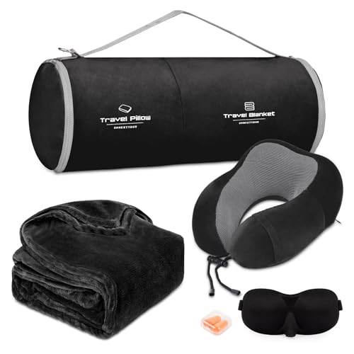 urnexttour Travel Pillow and Blanket Set Neck Pillows Travel Essentials with Sleep Mask for Airplane Car Memory Foam Black - color: A-black